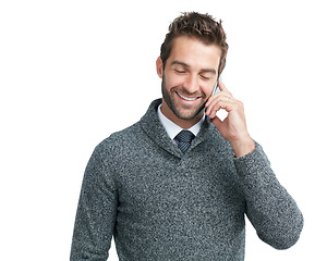 Image showing Phone call, communication or business man happy for loan review, finance or invest for success. Smile, isolated or manager on smartphone for networking, b2b network or planning in white background