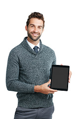 Image showing Smile, portrait or business man on tablet screen for internet research, social media or networking in white background. Tech or person on touchscreen for social network, blog review or media app