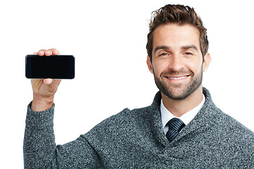 Image showing Portrait, business man on phone mock up screen for internet research, social media or networking in white background. Tech, smile or manager on smartphone for social network, blog review or media app