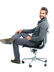 Image showing Portrait, chair and happy with a business man in studio isolated on a white background for marketing. Mindset, mission and corporate with a male employee sitting on blank space for advertising