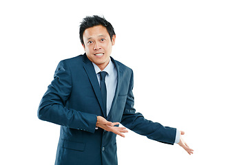 Image showing Portrait, mockup and business with Asian man, product placement and guy isolated on white studio background. Male person, entrepreneur and leader on backdrop, management and leadership for branding