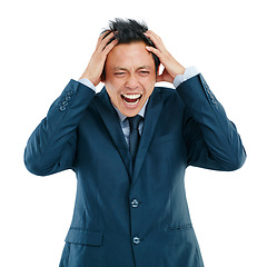 Image showing Anger, stress and screaming business man in studio isolated on white background. Burnout, mental health and headache, sad and shouting angry Asian male after bad news, deal or financial crisis.