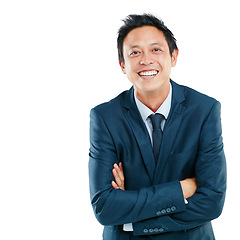 Image showing Portrait, arms crossed and business man in studio isolated on a white background mock up. Face, ceo and happy and proud Asian male employee with from Japan with vision, mission and success mindset.