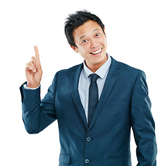 Image showing Idea, asian and business man portrait with a professional corporate suit and smile. Ideas, white background and isolated worker from Japan happy about career and success for job growth in a studio