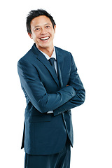 Image showing Portrait, mockup and an asian business man in studio isolated on a white background standing arms crossed. Happy, smile and blank space with a male employee posing on empty mock up for branding