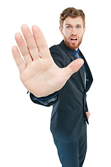 Image showing Corporate ceo and stop hand portrait with stressed, frustrated and unhappy face in studio. Moody executive and businessman in distress on isolated white background with formal worker suit.