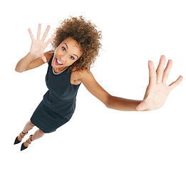 Image showing Surprise, excited and portrait of a black woman with hands isolated on a white background. Shocked, smile and above of an African business employee with a confident gesture in a studio