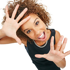 Image showing Shock, excited and portrait of a woman in a studio with a screaming, shouting and wow facial expression. Surprise, happy and female model from Mexico with omg or wtf face isolated by white background