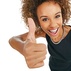 Image showing Worker, black woman and thumbs up hand portrait with wow, happy or proud smile for success in corporate style. Yes, approval and agreement sign of business at isolated studio white background.