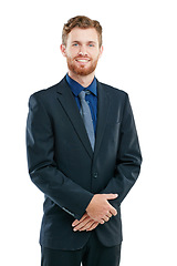 Image showing Portrait, leadership and business man in studio isolated on a white background. Boss, ceo and happy, confident and proud male from Canada with vision, mission and success mindset, goals or targets.