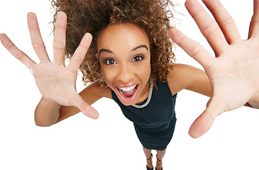 Image showing Excited, shouting and portrait of black woman with hands isolated on a white background. Shocked, surprise and above of an African business worker with a happy gesture and smile on a studio backdrop