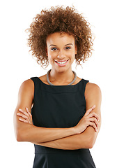 Image showing Happy, proud and corporate black woman portrait with smile in elegant, professional and business fashion. Happiness, confidence and career girl smiling at isolated studio white background.