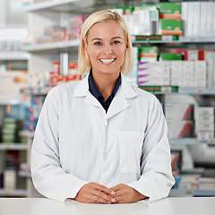 Image showing Pharmacist, happy portrait and medical pharmacy worker ready, confident and proud service in drug store. Kind doctor, professional trust and healthcare counter for wellness or pharmaceutical medicine