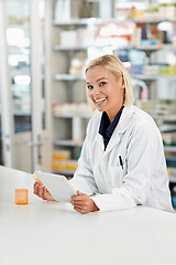 Image showing Pharmacist, woman and portrait with health and tablet for digital info on pills and medicine in pharmacy. Technology, healthcare and medical store with internet research on pharmaceutical drugs