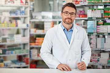 Image showing Pharmacy, writing and pharmacist man in portrait for medicine, product or healthcare insurance document. Trust, help desk and medical professional worker receipt, doctor note or prescription stock