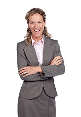 Image showing Portrait, smile and a business woman in studio isolated on a white background standing arms crossed. Trust, confidence and ambition with a happy female employee posing on blank space in a suit