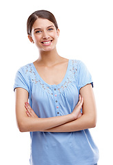 Image showing Portrait, mockup and woman with arms crossed, beauty and confident girl isolated on white studio background. Person, young female and lady with gesture, leadership and casual outfit with happiness