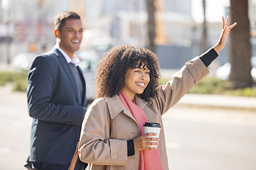 Image showing Woman, businessman and city to stop taxi for meeting, transportation and smile in street. Man, happy executive partnership and outdoor adventure in metro road for travel with hand sign for transport