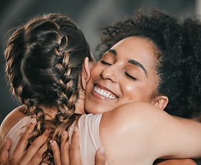 Image showing Teamwork, friends and hug with women in gym for for fitness, exercise and workout. Well done, congratulations and support with girl athlete training together for sport, mindset or wellness motivation