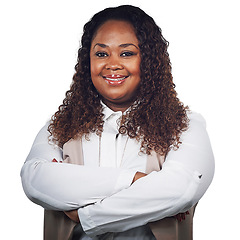 Image showing Portrait, black woman and happy, smile and confident, corporate and employee in studio on white background. Face, woman and proud leader excited about career mission and standing, posing and isolated