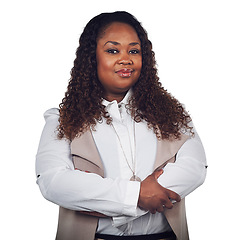 Image showing Black woman, portrait and proud business owner in studio with attitude, ambition and white background. Face, black business and lady manager empowered, assertive and mindset while standing isolated