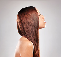 Image showing Hair care, beauty and luxury salon haircut of a woman with brazilian treatment in a studio, Gray background, isolated and natural healthy keratin shampoo of a model style shine after hairdresser
