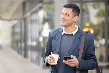 Image showing Businessman, smartphone thinking and coffee in city with smile, mission and walk with social media app. Man, phone and street with tea, drink and happy vision for career success at finance company