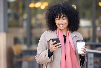 Image showing Hands, travel or black woman with phone for networking, social media or communication in London street. Search, coffee or manager with smartphone for research, internet or blog content review outdoor