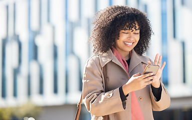 Image showing Smile, travel or business woman on phone for networking, social media or communication in London. Search, happy or girl on smartphone for comic news, internet or blog research content review outdoor