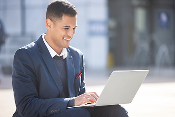 Image showing Laptop, outdoor reading or businessman typing feedback review of financial portfolio, stock market or investment. Happy forex account manager, finance economy or trader trading crypto, bitcoin or NFT