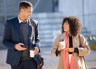 Image showing Talking, coffee break and happy business people walking, smile or on travel journey in urban New York. Employee, tea or African worker, agent or partnership team on morning commute to office building