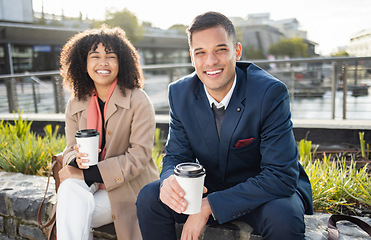 Image showing Businessman, black woman and portrait with coffee in city for break, friends or lunch chat with smile. Team building, conversation and business people with happiness, relax and outdoor in urban metro