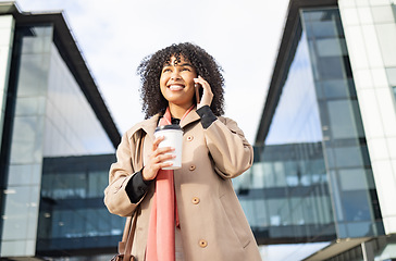 Image showing Phone call conversation, walking and happy black woman networking, talking and on 5g communication in New York. Urban architecture, agent or relax professional on morning commute to office building