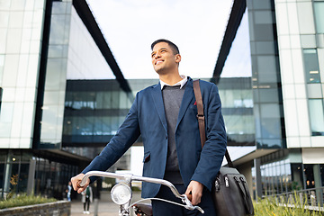 Image showing Bicycle travel, walking and businessman cycling to work, corporate job or carbon neutral journey in New York city. Eco friendly transportation, architecture buildings or happy employee with bike