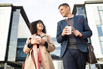 Image showing Conversation, coffee break and happy business people walking, talking or travel in urban New York. Architecture, black woman or employee partnership team on morning commute journey to office building