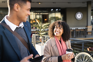 Image showing Communication, coffee break and happy business people walking, talking or travel in San Francisco. Architecture, black woman or employee partnership team on morning commute journey to office building