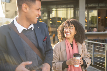 Image showing Coffee break, laugh or talking business people walking, commute or travel in urban New York city. Funny conversation, black woman or communication of employee partnership team on morning work journey