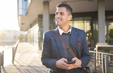Image showing Search, happy or business man with phone for internet research, communication or networking. Tech, online or manager in street on 5g smartphone for social network, blog review or media app content