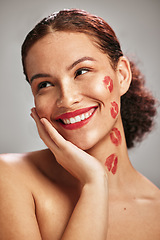 Image showing Face, lipstick kiss and beauty woman or makeup model in studio for cosmetics, love and happiness. Headshot of aesthetic person thinking or dream of valentines day facial idea or skincare motivation