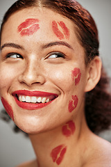 Image showing Beauty woman, lipstick kiss and happy face of makeup model in studio for cosmetics and love. Headshot of aesthetic person thinking color for valentines day spa facial idea or skincare motivation