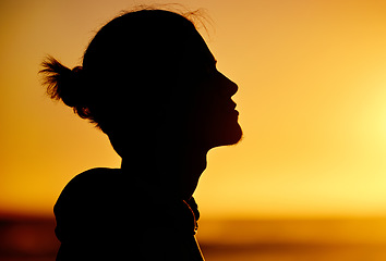 Image showing Man silhouette, sunset and peace with meditation, orange sky mockup and zen outdoor, nature and face profile. Wellness, mindset and calm, freedom and thinking with natural light and mindfulness