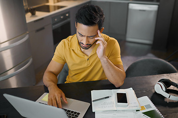 Image showing Man with headache, laptop and working from home with pain from stress and burnout, frustrated with glitch and overworked. Health, tired and job fatigue, remote work with 404 on pc and wifi problem