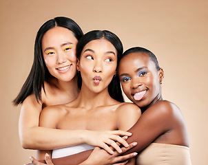 Image showing Beauty, makeup and happy portrait with women facial skincare wellness and cosmetics dermatology in brown background studio. Young model support, diversity and luxury spa treatment for glowing skin