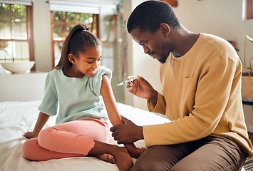 Image showing Father, girl and health vaccine in home for wellness in bedroom. Love, black family and care of man with vaccination injection for kid or child against disease, virus or flu, cold or illness in house