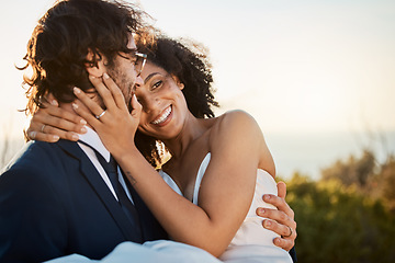 Image showing Wedding, marriage and love in nature of a interracial couple happy about trust and commitment. Outdoor, sea and mock up with happiness and smile of bride and man in a suit at a partnership event