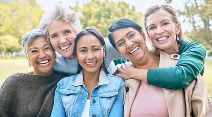 Image showing Nature, friends and portrait of group of women enjoying bonding, quality time and relax in retirement together. Diversity, friendship and faces of happy females with smile, hugging and wellness