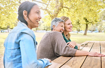 Image showing Park, senior women and friends laughing at funny joke, crazy meme or comedy. Comic, happy and group of retired females sitting at table with humor bonding, talking and enjoying quality time together.