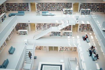 Image showing Library book shelf, choice and education people search for history books for research, university study or college. Big architecture building, knowledge learning and school students studying info