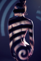 Image showing Spiral, beauty and body of naked woman in studio isolated on a background. Skincare, butt and hips of creative, sexy and sensual female model and nude girl with sexual desire and erotic art aesthetic