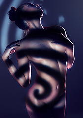 Image showing Nude, sexy and silhouette of woman, art and creative aesthetic with beauty and body against studio background. Dark, seductive and art deco with skin, shadow pattern and artistic, sensual and naked.